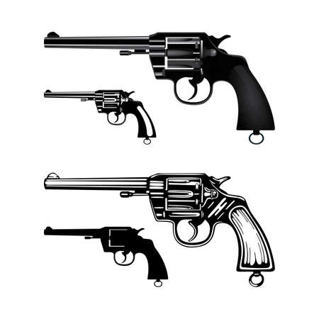 Revolver Hand drawn vintage revolver vector illustration. Engraving and realistic style old pistols set.のイラスト素材