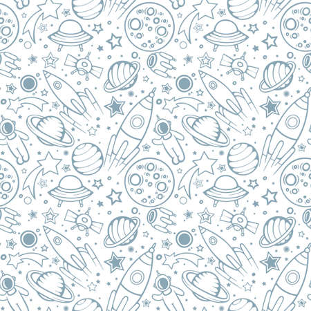 Space seamless pattern for kids. Hand drawn space, spaceships, rocket, ufos, comets and planets with stars. Trendy kids vector background. Hand drawn space elements seamless pattern. Space doodle background illustration. Part of set.のイラスト素材