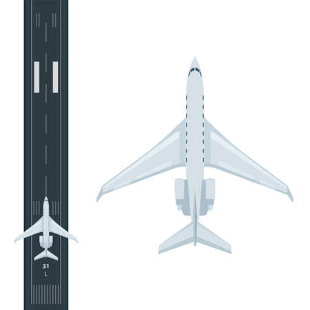 Airplane top view. Business aircraft and runway vector illustrations set. Passenger aircraft realistic graphic. Part of set.のイラスト素材