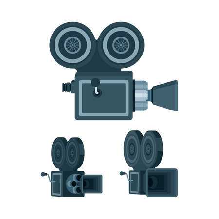 Retro video cameras illustrations set. Vintage movie cameras in different views. Old cameras flat style icons isolated on white background.のイラスト素材