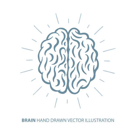 Brain. Brain with shine rays hand drawn vector illustration. Brain sketch drawing design element. Brain icon or logo. Open mind concept. Creative idea or innovation symbol.のイラスト素材