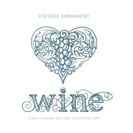 Grape and vine. Heart shaped grape and vine ornament with decorative hand lettering Wine. Wine lovers concept vector illustration. Part of set.のイラスト素材
