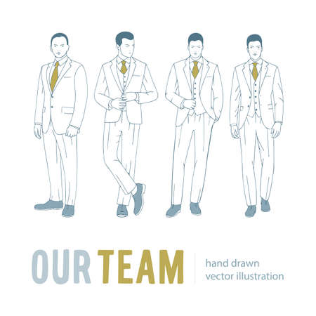 Men in suits. Men dressed in business style formal corporate suits and ties in different poses. Business men team hand drawn vector illustrations set. Employees of the company. Part of set.のイラスト素材