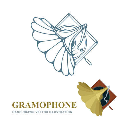 Gramophone Gramophone hand drawn and realistic vector illustrations. Old gramophone top view sketch drawing. Retro music concept. Part of set.のイラスト素材