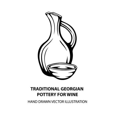 Traditional Georgian pottery for wine. Doqi and piala. Ancient Georgian handmade clay vessels for wine. Wine theme hand drawn vector illustration.のイラスト素材