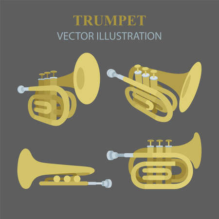Trumpet Trumpet vector illustrations set. Trumpets top, side and bottom view icons. Musical wind instruments graphics. Part of set.のイラスト素材