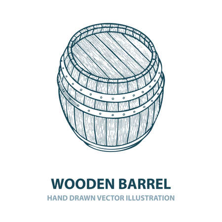 Barrel. Hand drawn wooden barrel vector illustration in engraving style. Vintage whiskey, wine or beer barrel isolated on white background. Part of set.のイラスト素材