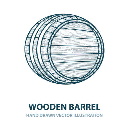 Barrel. Hand drawn wooden barrel vector illustration in engraving style. Vintage whiskey, wine or beer barrel isolated on white background. Part of set.のイラスト素材