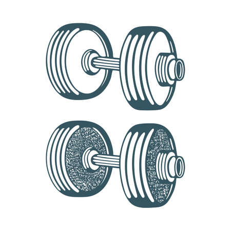 Dumbbells. Dumbbells hand drawn vector illustrations set isolated on white background. Gym equipment sketch drawing. Gym or fitness club logo or icon design element. Part of set.のイラスト素材