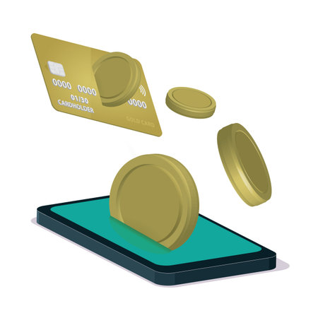 Virtual money transfer with mobile phone application. Bank card, mobile phone and coins. Money...