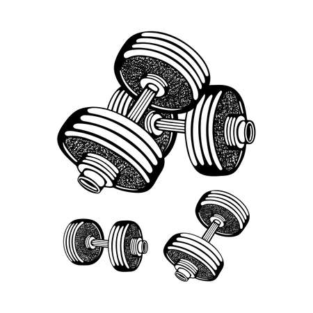 Dumbbells. Dumbbells hand drawn vector illustrations set isolated on white background. Gym equipment sketch drawing. Gym or fitness club logo or icon design element. Part of set.のイラスト素材