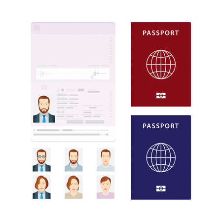 Passport Open international passport with different male and female photos. Part of set.のイラスト素材