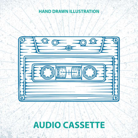 Audio tape cassette. Hand drawn vintage cassette illustration. Tape cassette sketch drawing. Retro music concept.のイラスト素材