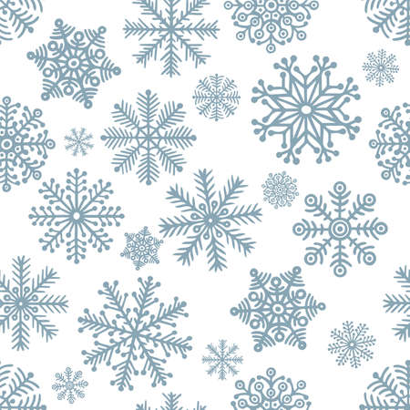 Snowflakes seamless background. Hand drawn different snowflakes endless frozen texture. Winter holidays hand dawn seamless pattern. Sketch drawing different snowflakes. Part of set.のイラスト素材