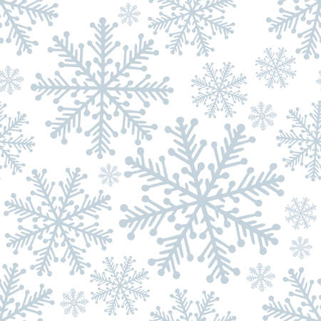 Snowflakes seamless background. Hand drawn different snowflakes endless frozen texture. Winter holidays hand dawn seamless pattern. Sketch drawing different snowflakes. Part of set.のイラスト素材