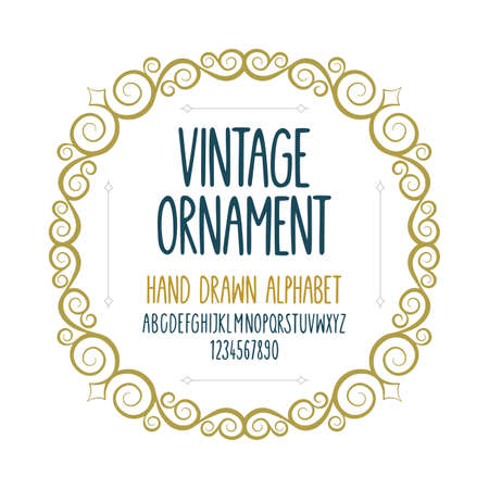 Vintage ornament and hand drawn font isolated on white background. Retro style cover design template. Part of set.のイラスト素材