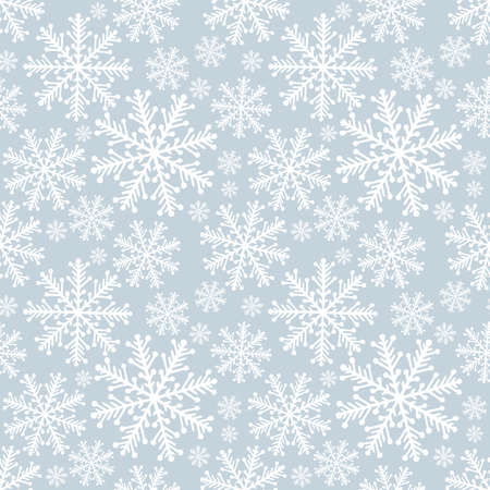 Snowflakes seamless background. Hand drawn different snowflakes endless frozen texture. Winter holidays hand dawn seamless pattern. Sketch drawing different snowflakes. Part of set.のイラスト素材