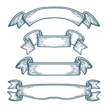 Ribbons and banners. Hand drawn, engraving style old vintage banners and ribbons. Vector illustrations and design elements for greeting cards, banners, invitations. Part of set.のイラスト素材