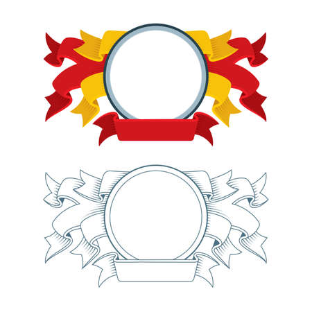 Old style round frame with ribbons and banners. Hand drawn and outline vintage banners and ribbons. Vector illustrations and design elements for greeting cards, banners, invitations. Part of set.のイラスト素材