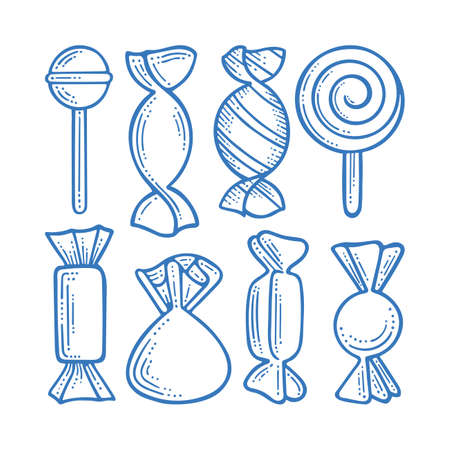 Sweets. Different candies and lollipops hand drawn vector illustrations collection. Part of set.のイラスト素材