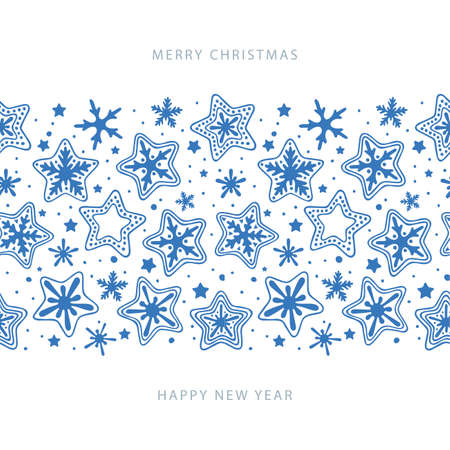 Christmas greeting card with hand drawn stars and snowflakes seamless background pattern. Part of set.のイラスト素材