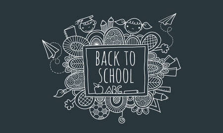 Back to School Blackboard Hand Drawn Doodle Vector with the words back to school on a blackboard surrounded by abstract shapes, swirls, pencils, kids, paper planes, books, and handsのイラスト素材