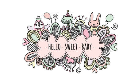 Hello Sweet Baby Girl Hand Drawn Doodle Vector Pastel colored vector illustration of a cloud.のイラスト素材
