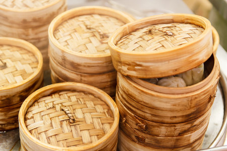 Chinese dumplings with meat and cabbage, steamed with bamboo steamerの写真素材