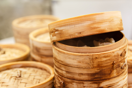 Chinese dumplings with meat and cabbage, steamed with bamboo steamerの写真素材