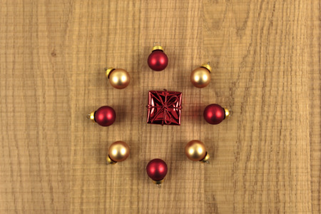 Christmas ornaments red and gold with space to writeの写真素材