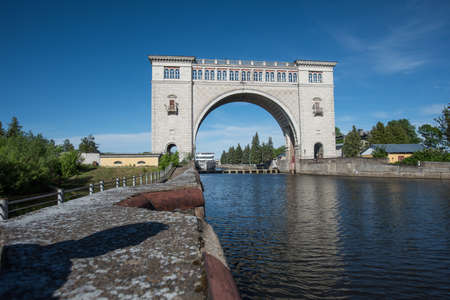 Uglich, Yaroslavl region - June 1, 2015: The Gateway to the Uglich hydroelectric power station.のeditorial素材