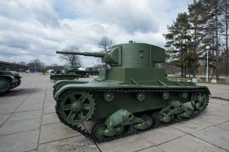 Leningrad Region, Russia - April 21, 2015: Light Soviet Russian T-26 tank on the square in front of the defense of Leningrad Museumのeditorial素材