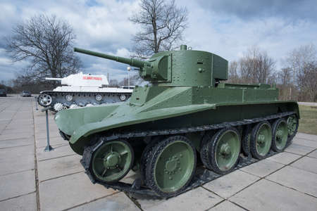 Leningrad Region, Russia - April 21, 2015: Light Soviet Russian T-26 tank on the square in front of the defense of Leningrad Museumのeditorial素材