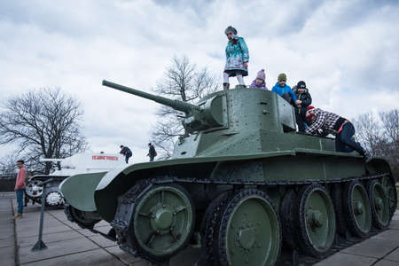 Leningrad Region, Russia - April 21, 2015: Light Soviet Russian T-26 tank on the square in front of the defense of Leningrad Museumのeditorial素材