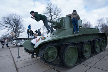 Leningrad Region, Russia - April 21, 2015: Light Soviet Russian T-26 tank on the square in front of the defense of Leningrad Museumのeditorial素材