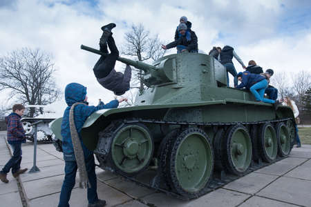 Leningrad Region, Russia - April 21, 2015: Light Soviet Russian T-26 tank on the square in front of the defense of Leningrad Museumのeditorial素材