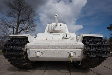 LENINGRAD REGION, RUSSIA - April 21, 2015: Soviet tank KV-1 in winter coloration, near museum-diorama "Break the Siege of Leningrad"のeditorial素材