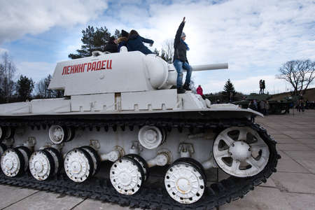 LENINGRAD REGION, RUSSIA - April 21, 2015: Soviet tank KV-1 in winter coloration, near museum-diorama "Break the Siege of Leningrad"のeditorial素材