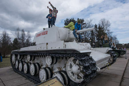 LENINGRAD REGION, RUSSIA - April 21, 2015: Soviet tank KV-1 in winter coloration, near museum-diorama "Break the Siege of Leningrad"のeditorial素材