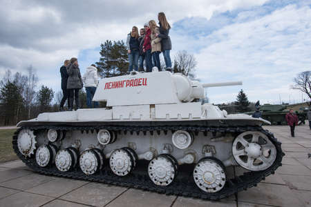LENINGRAD REGION, RUSSIA - April 21, 2015: Soviet tank KV-1 in winter coloration, near museum-diorama "Break the Siege of Leningrad"のeditorial素材