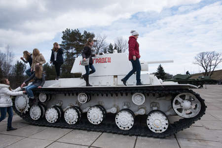 LENINGRAD REGION, RUSSIA - April 21, 2015: Soviet tank KV-1 in winter coloration, near museum-diorama "Break the Siege of Leningrad"のeditorial素材
