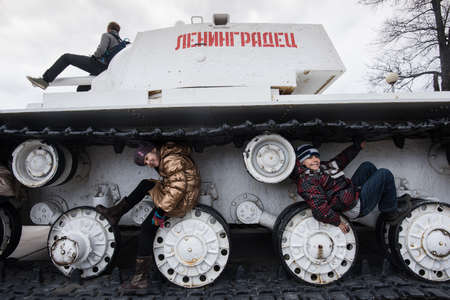 LENINGRAD REGION, RUSSIA - April 21, 2015: Soviet tank KV-1 in winter coloration, near museum-diorama "Break the Siege of Leningrad"のeditorial素材