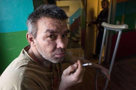 St. Petersburg, Russia - December 24, 2014: homeless shelters, a portrait of a homeless manのeditorial素材