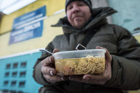 St. Petersburg, Russia - December 24, 2014: homeless shelters, a portrait of a homeless manのeditorial素材