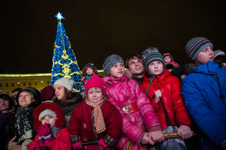 St. Petersburg, Russia - December 22, 2014: Santa Clauses march along Nevsky Prospektのeditorial素材