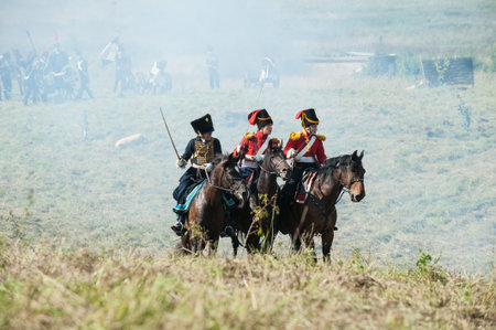 St. Petersburg, Russia - August 26: Military historical reconstruction of the War of 1812. Battle Russian and French armies at Borodino, the Battle of Moscow river.のeditorial素材