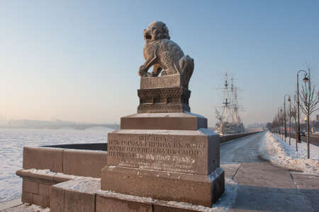 St. Petersburg, Russia - February 7, 2012: Chi-tsza (Chi-za) - a pair of granite mythological guardian lions, established during the descent to Neva Petrovsky quay in St. Petersburg from China on a frosty day.のeditorial素材