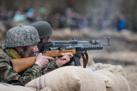 St. Petersburg, Russia - April 26, 2015: Members of the military-patriotic club during the...