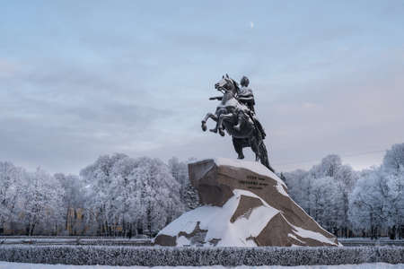 St.Petersburg, Russia - January 17, 2016: The Bronze Horseman by Peter the Great - the main attraction of the city,  frosty winter day. The  tourist siteのeditorial素材
