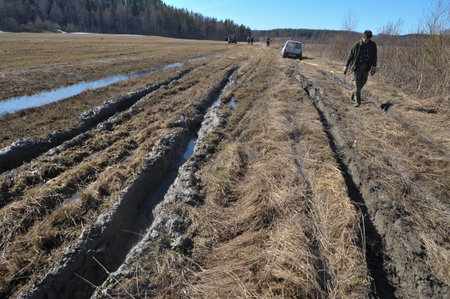 Karelia, Russia - April 30, 2015: Riding off-road during the spring thaw, drivers overcome natural obstacles and compete with each other in the driving skillsのeditorial素材